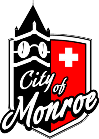 City of Monroe Logo Featuring the Histocial Courthouse Clock Tower on the Swiss Shield.